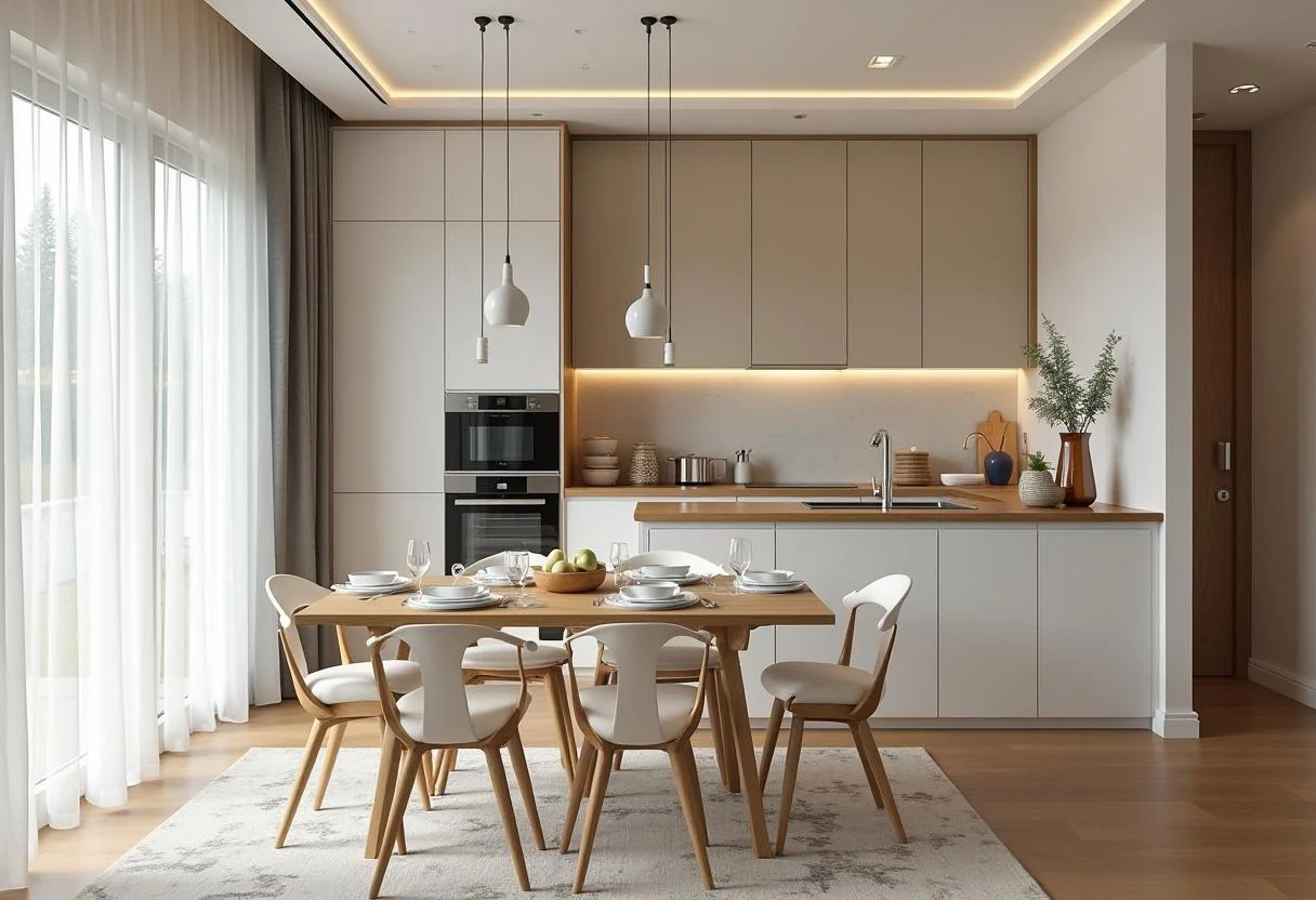 Fertige gemütliche Küche aus Holz Design mit harmonischen Holzelementen für eine einladende Atmosphäre.