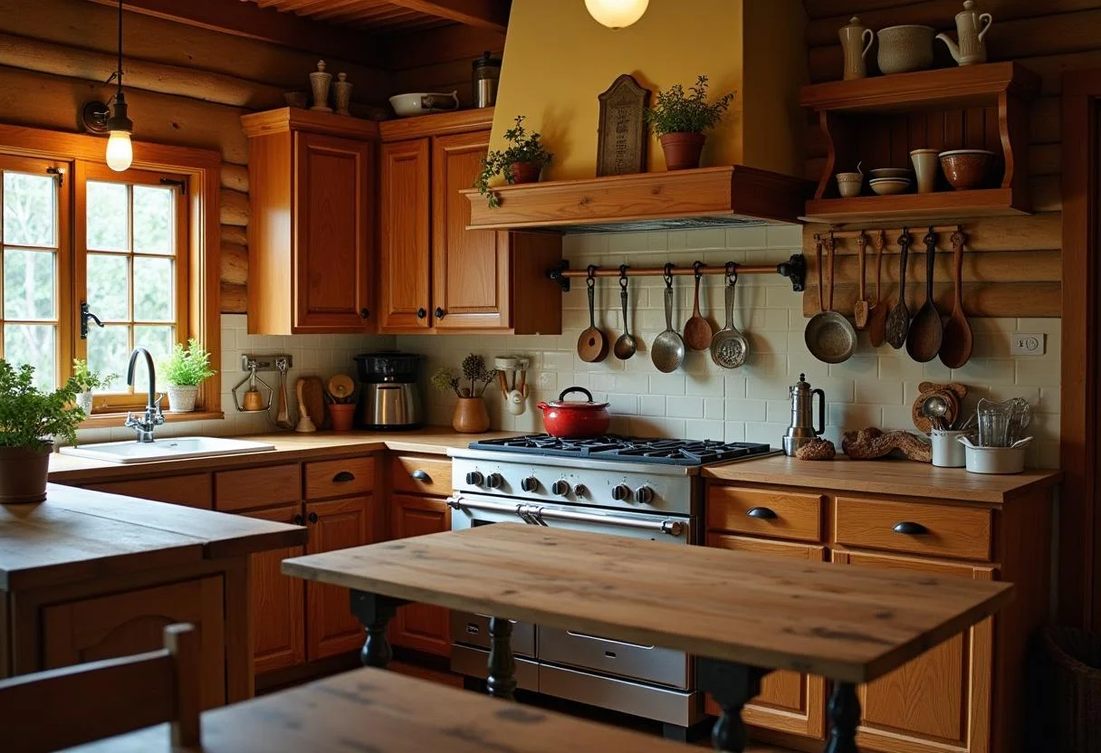 Rustic Küche aus Holz mit Holzarbeitsfläche und Küchenutensilien für Gemütlichkeit.
