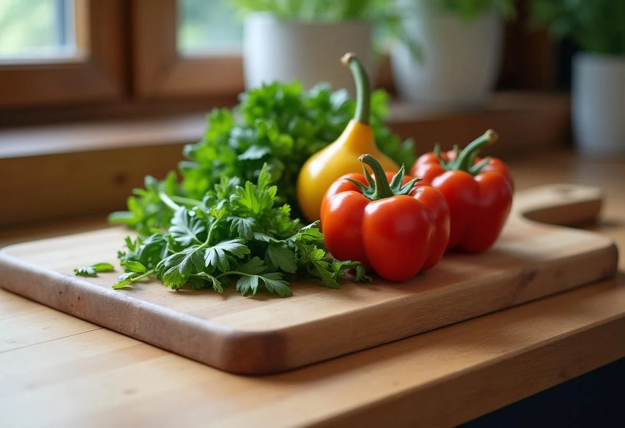Holzarbeitsplatte in der gemütlichen Küche, ideal für frische Zutaten und Kochen.