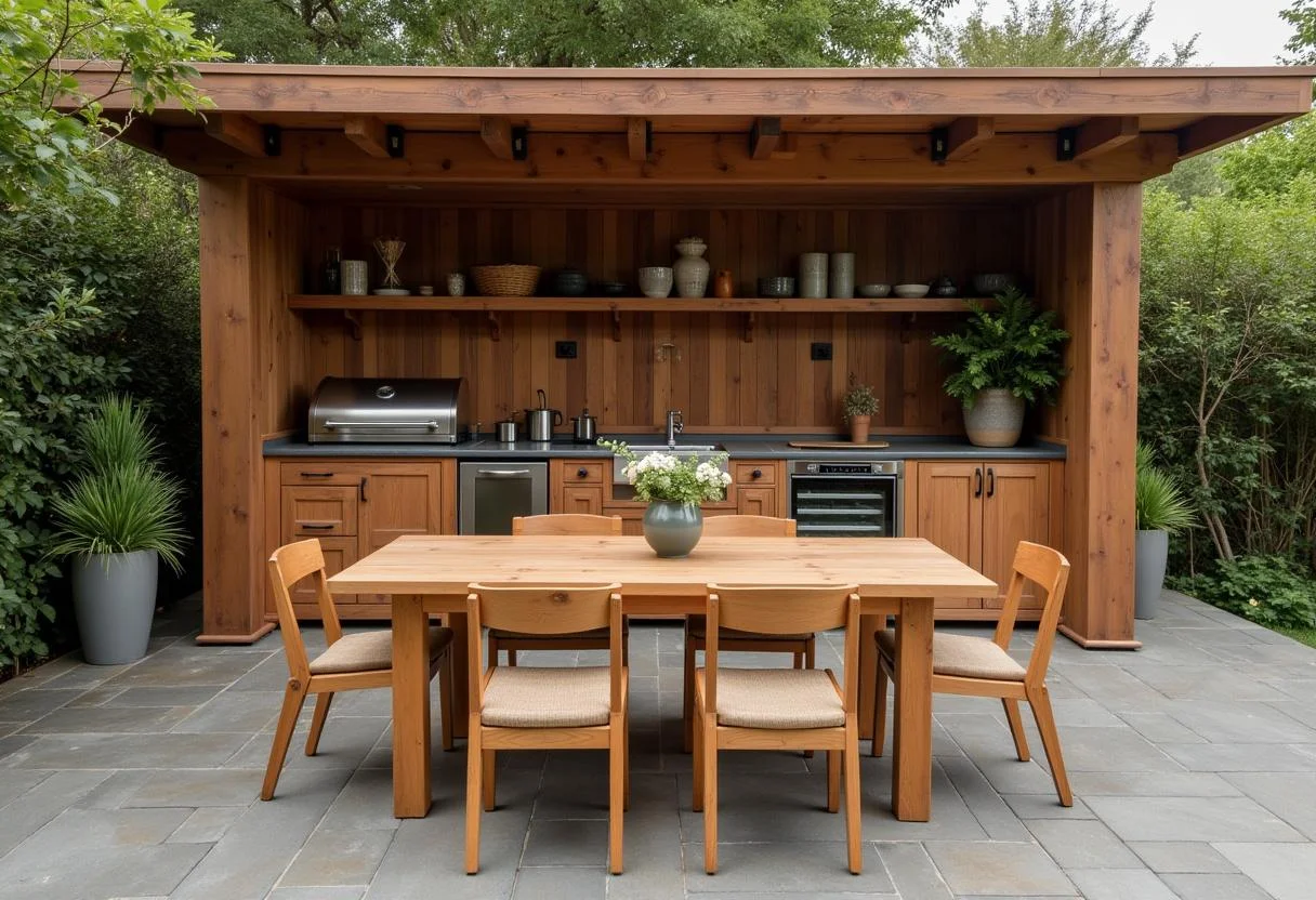 Gemütliche Outdoor Küche aus Holz mit Essbereich für gesellige Zusammenkünfte.