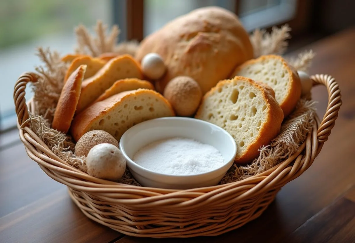 Geschenk zum Einzug Brot und Salz in einem schön arrangierten Geschenkkorb.