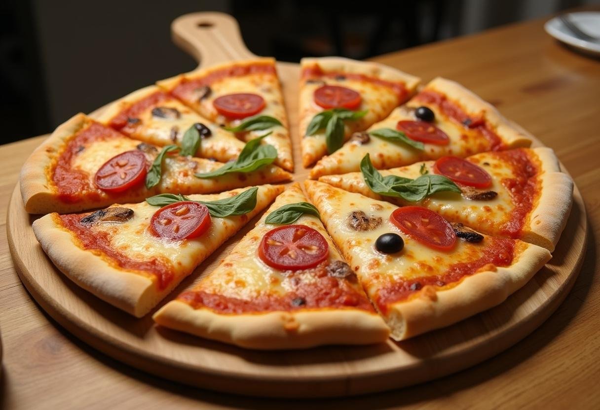 Fertige Pizza aus geschmeidigem Öl Teig, perfekt für einen köstlichen Abend.