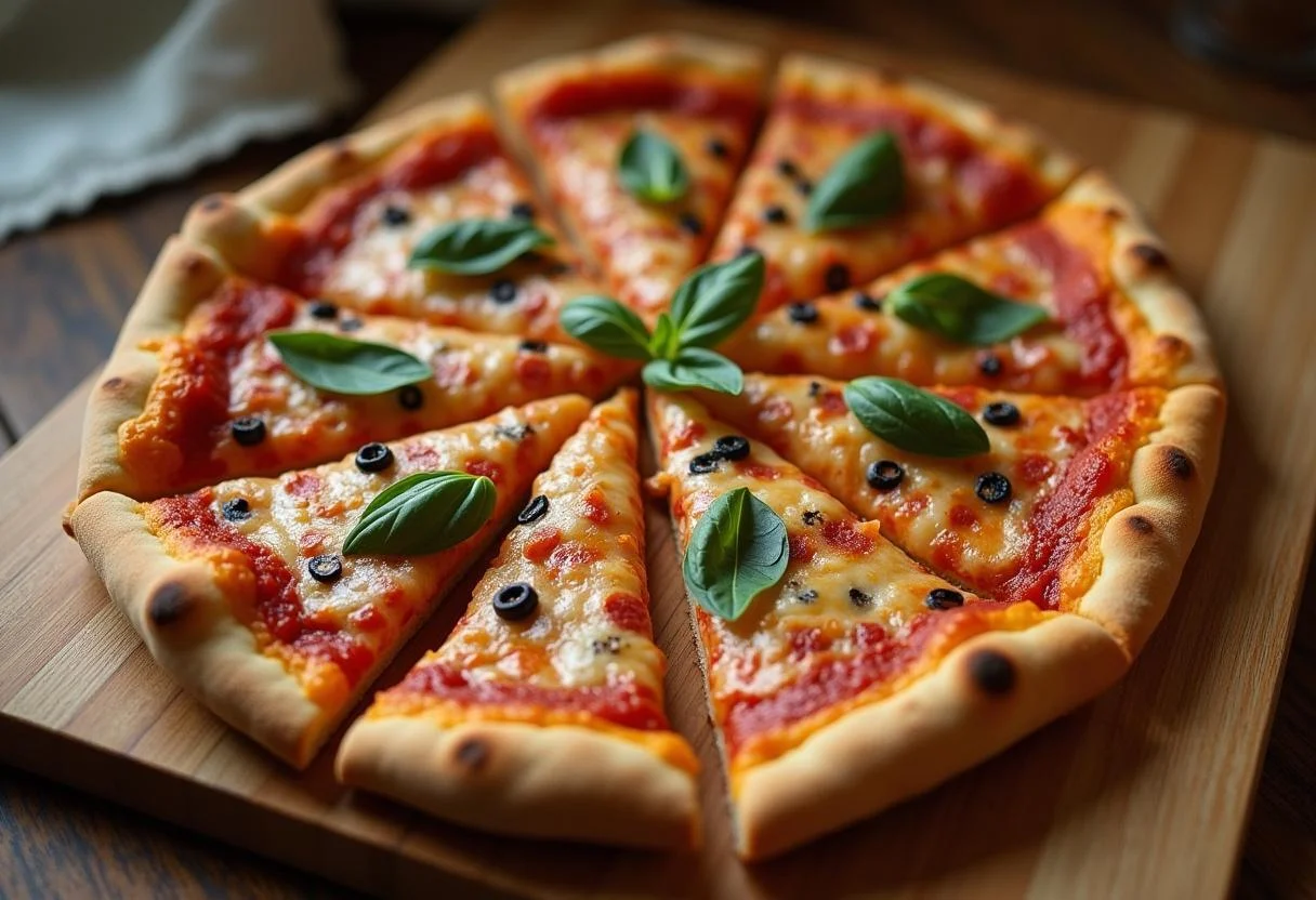 Fertige Pizza aus geschmeidigem Öl Teig, perfekt für einen köstlichen Abend.
