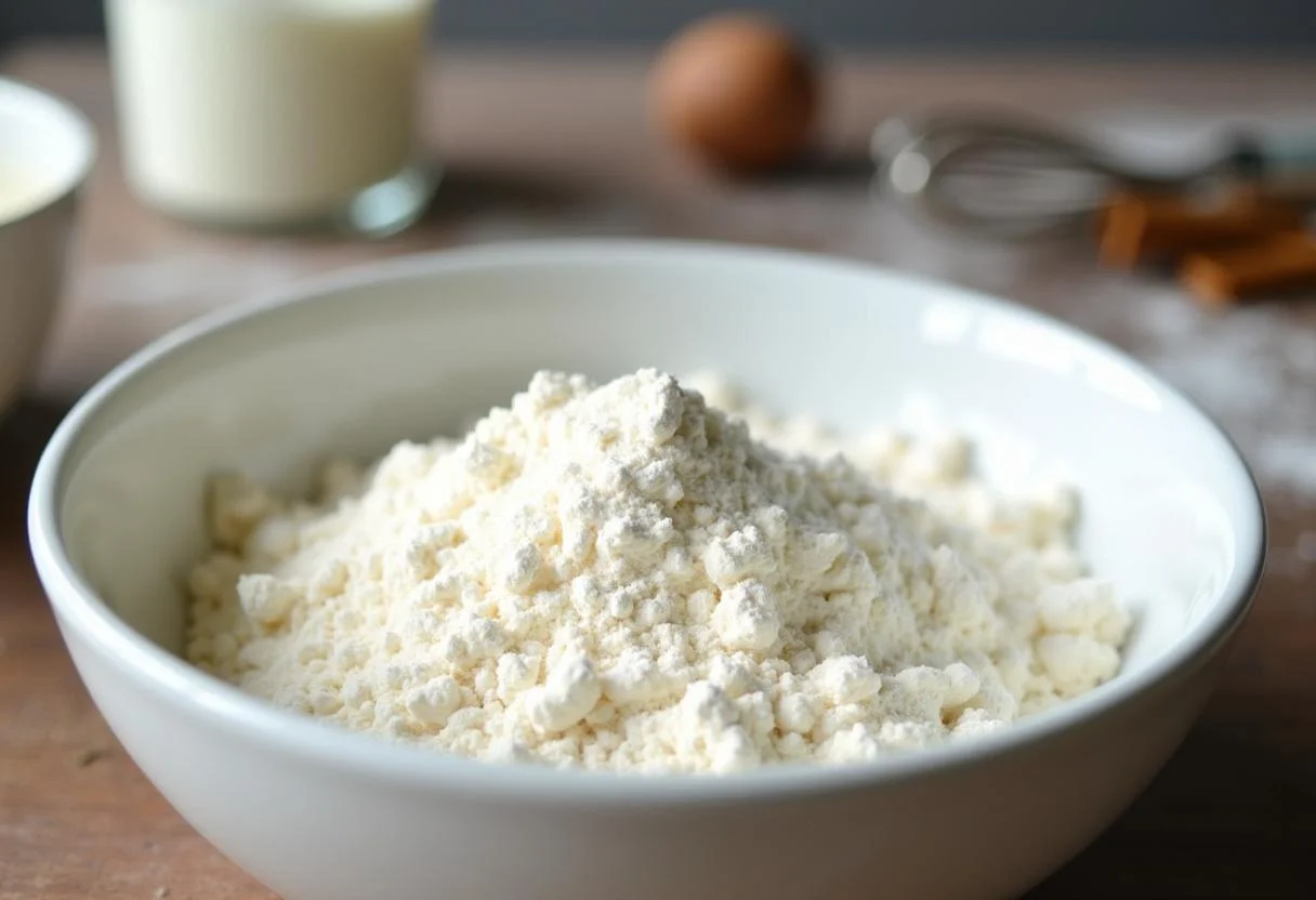 Zutaten für quark öl teig kuchen in einer Schüssel zum Kuchenbacken.
