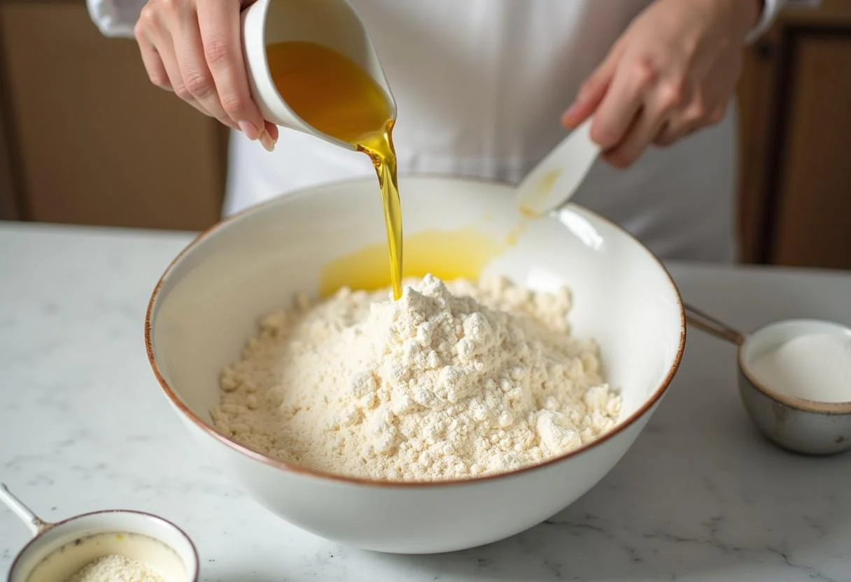Öl wird in die Mischung für kuchen mit quark öl teig hinzugefügt.