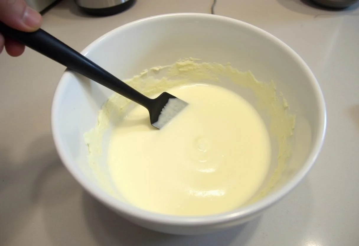 Quark wird in die Mischung für kuchen aus quark öl teig eingearbeitet.