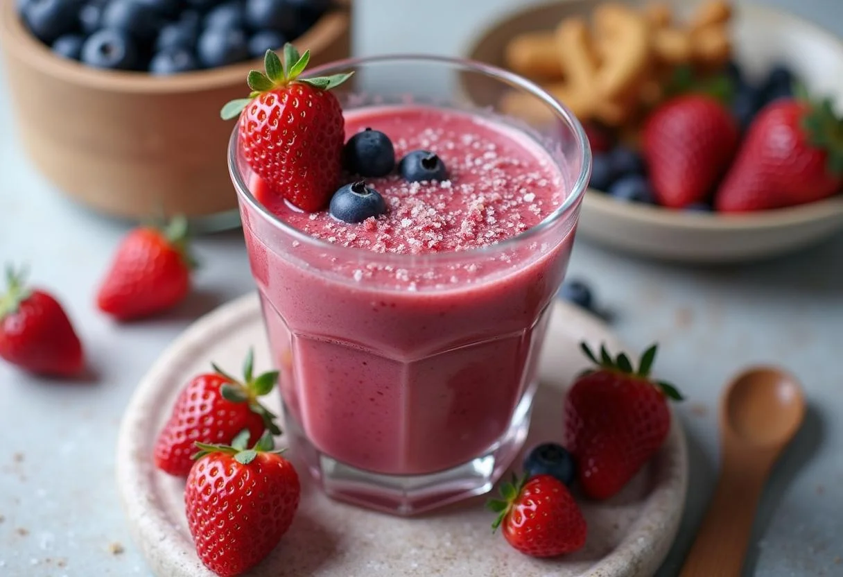 Fertiger roter Beeren Smoothie auf dem Tisch, perfekt für eine gesunde Erfrischung.