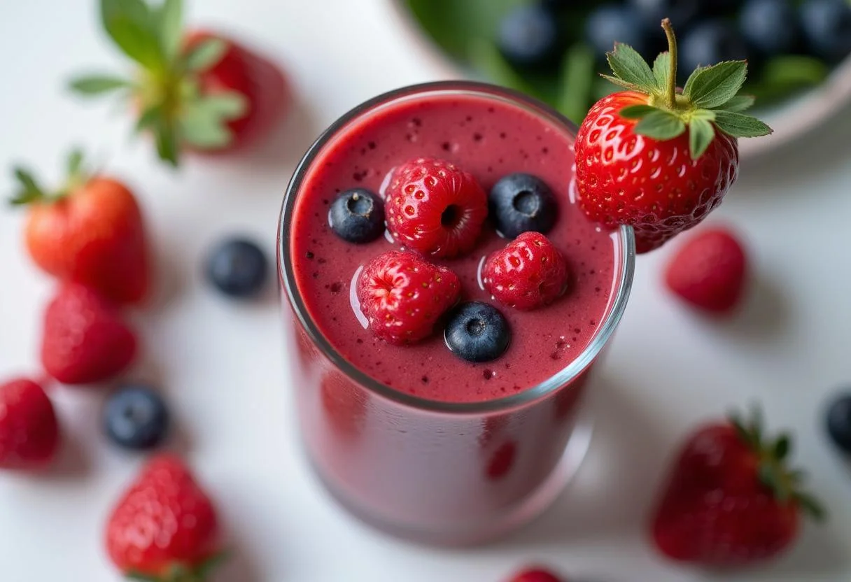 Fertiger roter Beeren Smoothie auf dem Tisch, perfekt für eine gesunde Erfrischung.
