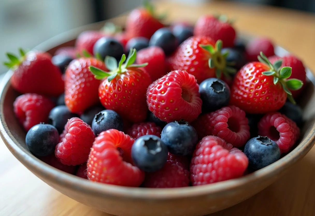 Frische rote Beeren in einer Schüssel, ideal für das gesunde Smoothie Rezept.