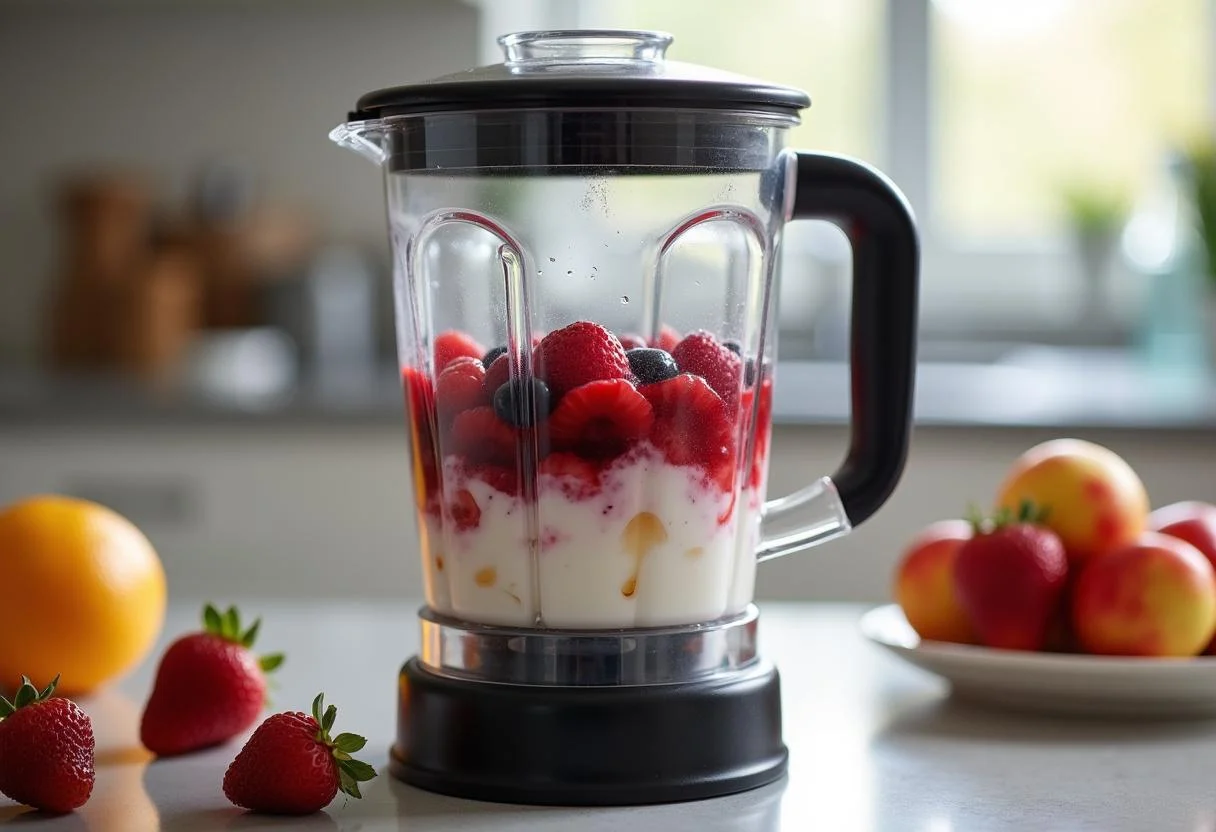 Mixer mit roten Beeren und Joghurt für das gesunde Smoothie Rezept.