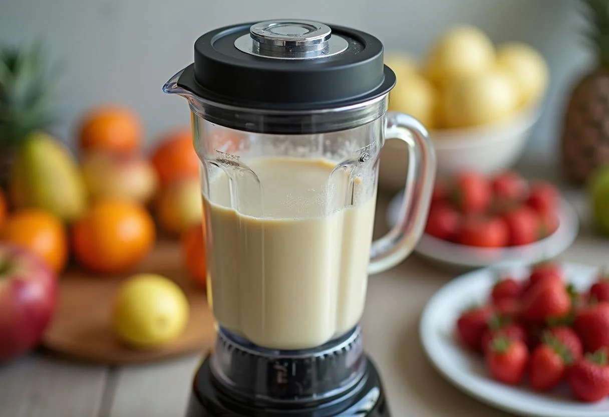 Mixer der rote Beeren Smoothie zubereitet, gesund und lecker.