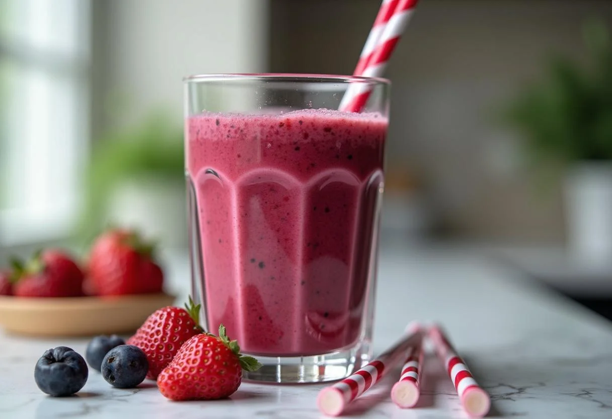 Tall glass of fruchtigem roten Beeren Smoothie, bereit zum Servieren.