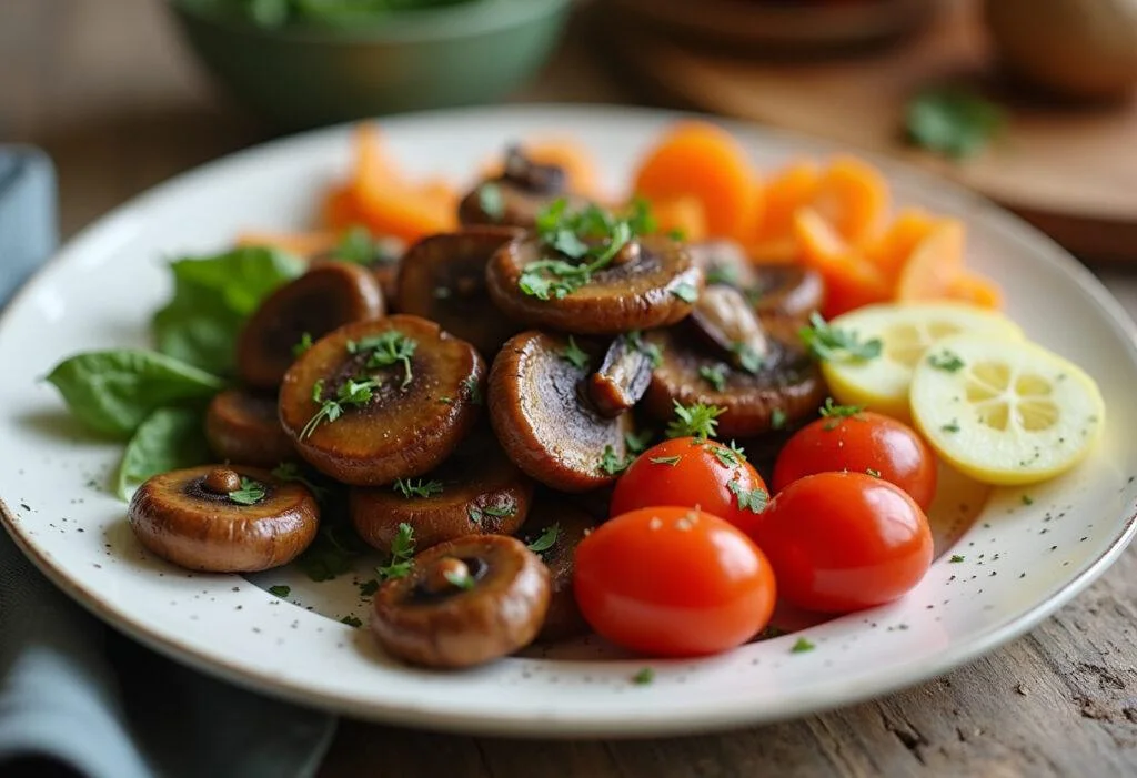 Fertige Shiitake Pilze mit saisonalem Gemüse, ideal für gesundes Essen.
