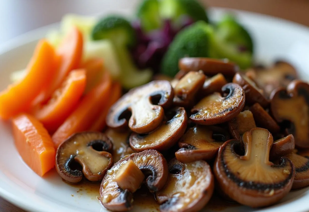 Fertige Shiitake Pilze mit saisonalem Gemüse, ideal für gesundes Essen.