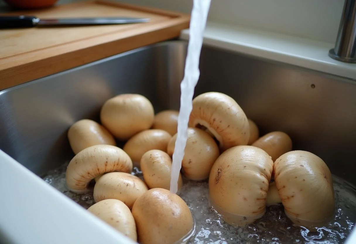 Frische Shiitake Pilze werden gewaschen, um sie für das Rezept vorzubereiten.