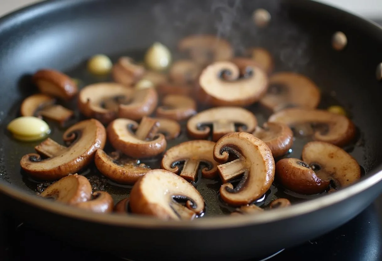 Sautierte Shiitake Pilze in der Pfanne, zubereitet nach Rezept für gesunde Pilze.