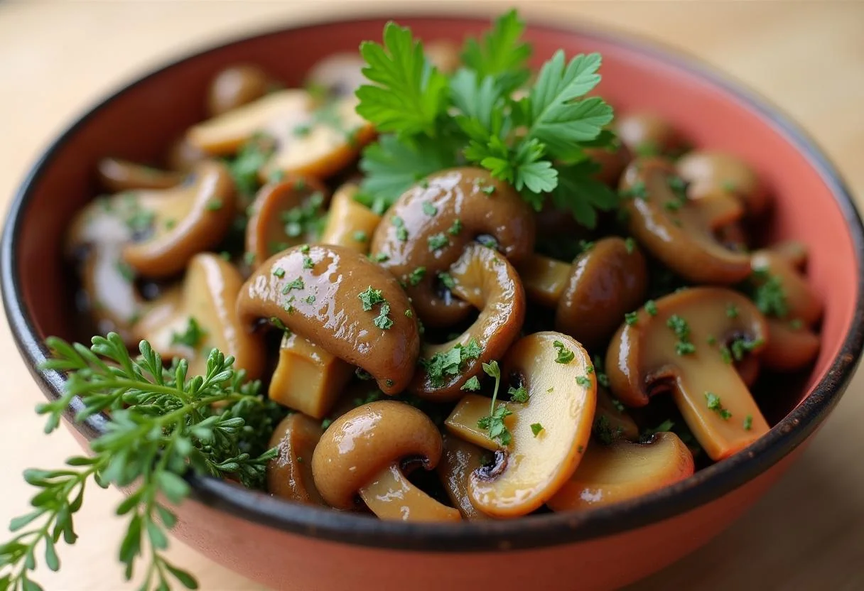Vibrante Schüssel mit gebratenen Shiitake Pilzen und frischen Kräutern nach Shiitake Pilze Rezept.