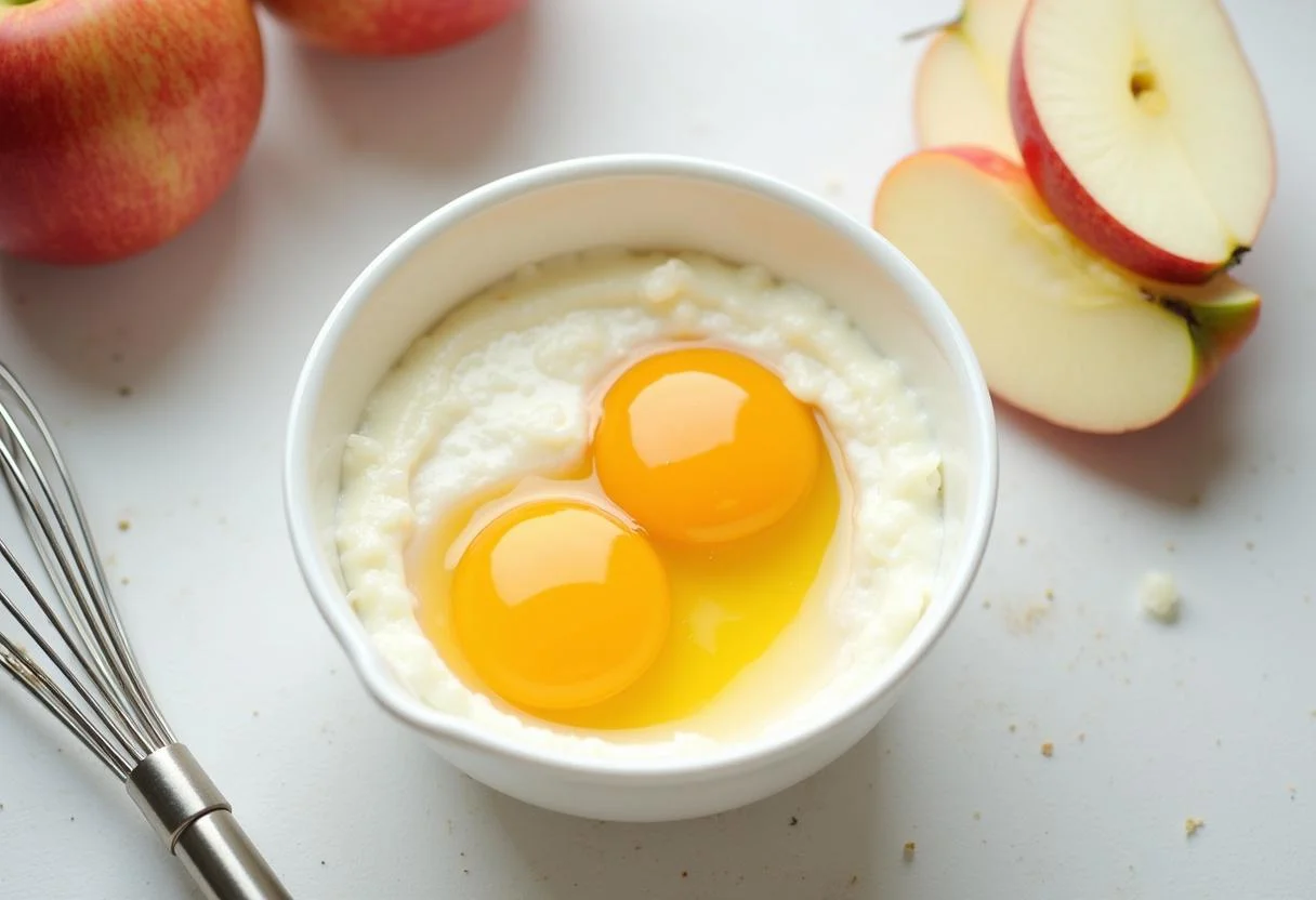 Zutaten für den gesunden Apfel Quark Auflauf, einschließlich Quark, Eiern und Äpfeln.