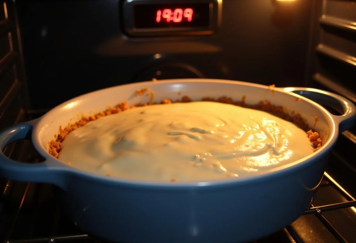 Das Backblech mit Apfel Quark Auflauf, das in den Ofen geschoben wird.