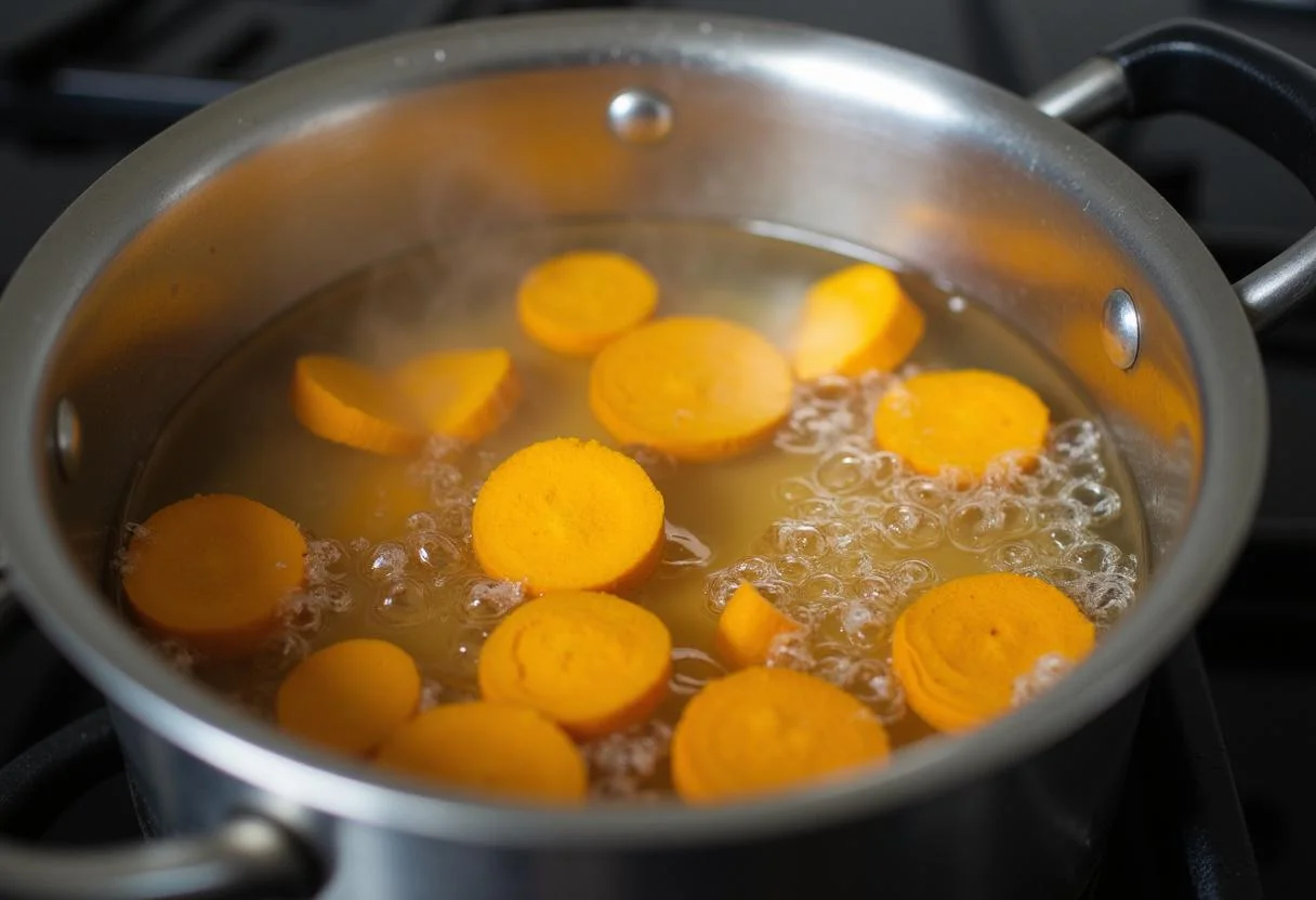 Wasser mit Kurkuma und Ingwer für das gesundes Kurkuma Tee Rezept auf dem Herd.