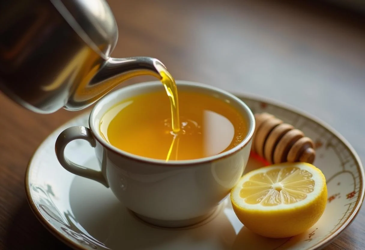 Gekochter Kurkuma Tee mit Ingwer wird in eine Tasse gegossen, perfekt für einen gesunden Genuss.