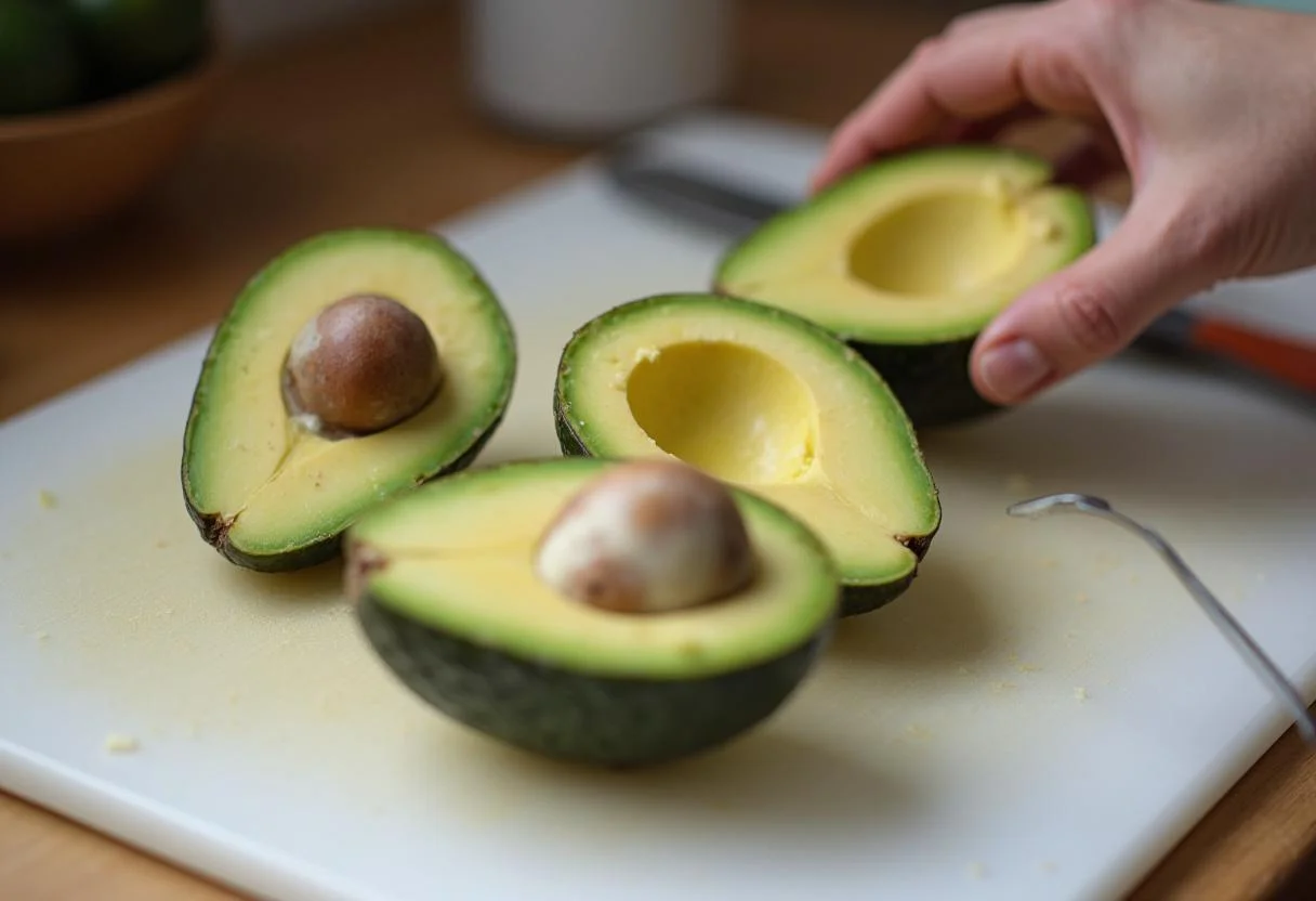 Avocados being halved for making gesundes Avocado Brot mit Ei.