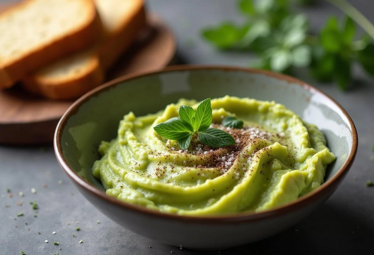 Mashed avocado mixed with spices for avocado brot mit ei recipe.