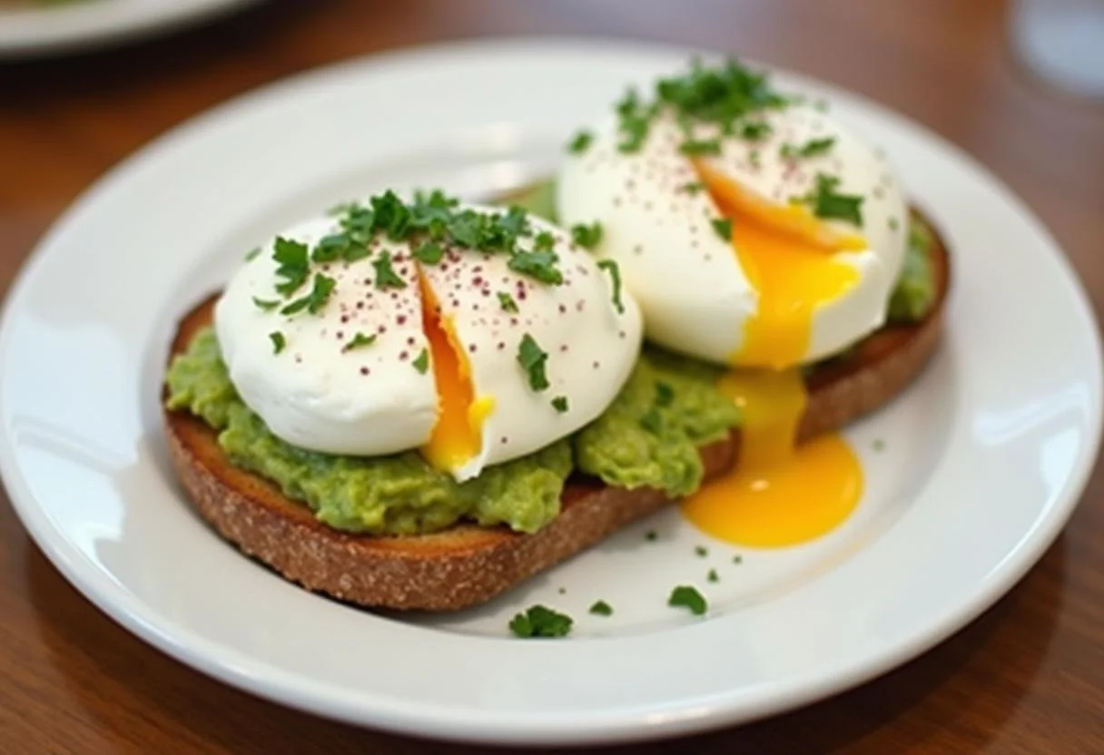 Poached eggs on avocado brot, a healthy breakfast dish featuring avocado auf brot.