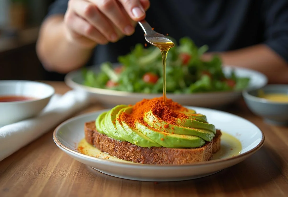 Final touches on gesundes Avocado Brot mit Ei before serving.