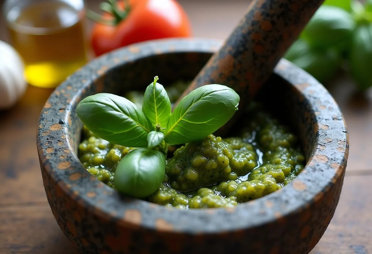 Pesto mit frischem Basilikum und Knoblauch zubereiten für getrocknete tomaten in öl.
