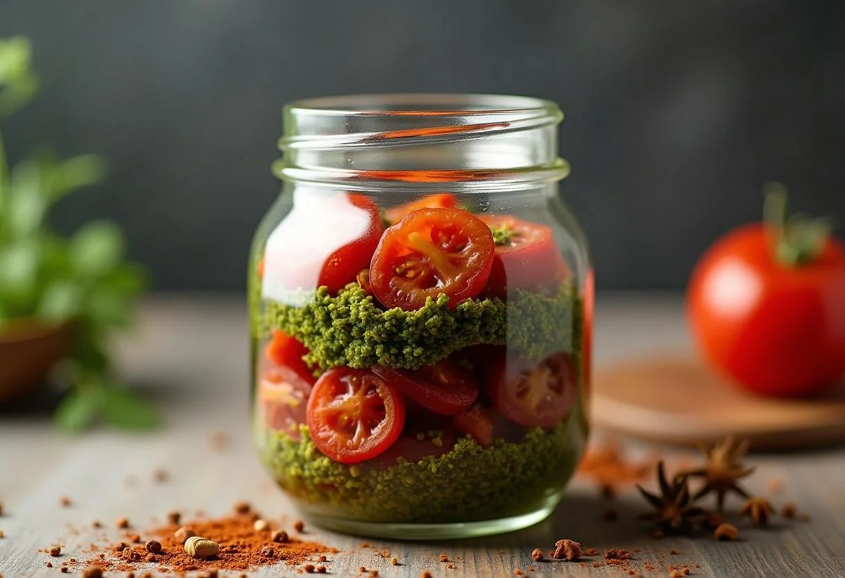 Getrocknete Tomaten in einer Glasware mit Pesto und Olivenöl für dip getrocknete tomaten.