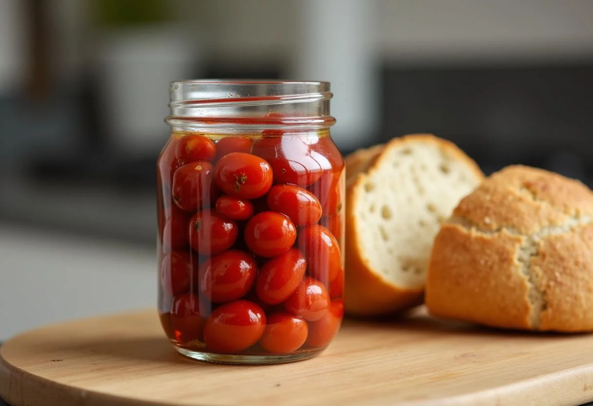 Eingelegte getrocknete Tomaten in Öl mit frischem Brot zum Servieren.
