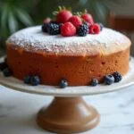 Fertiger glutenfreier Kuchen dekoriert mit frischen Beeren und Puderzucker.