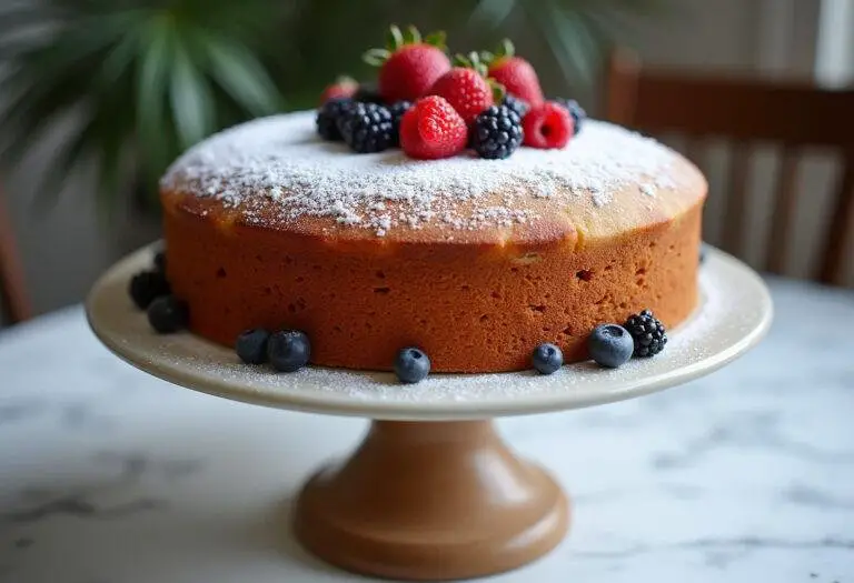 Fertiger glutenfreier Kuchen dekoriert mit frischen Beeren und Puderzucker.