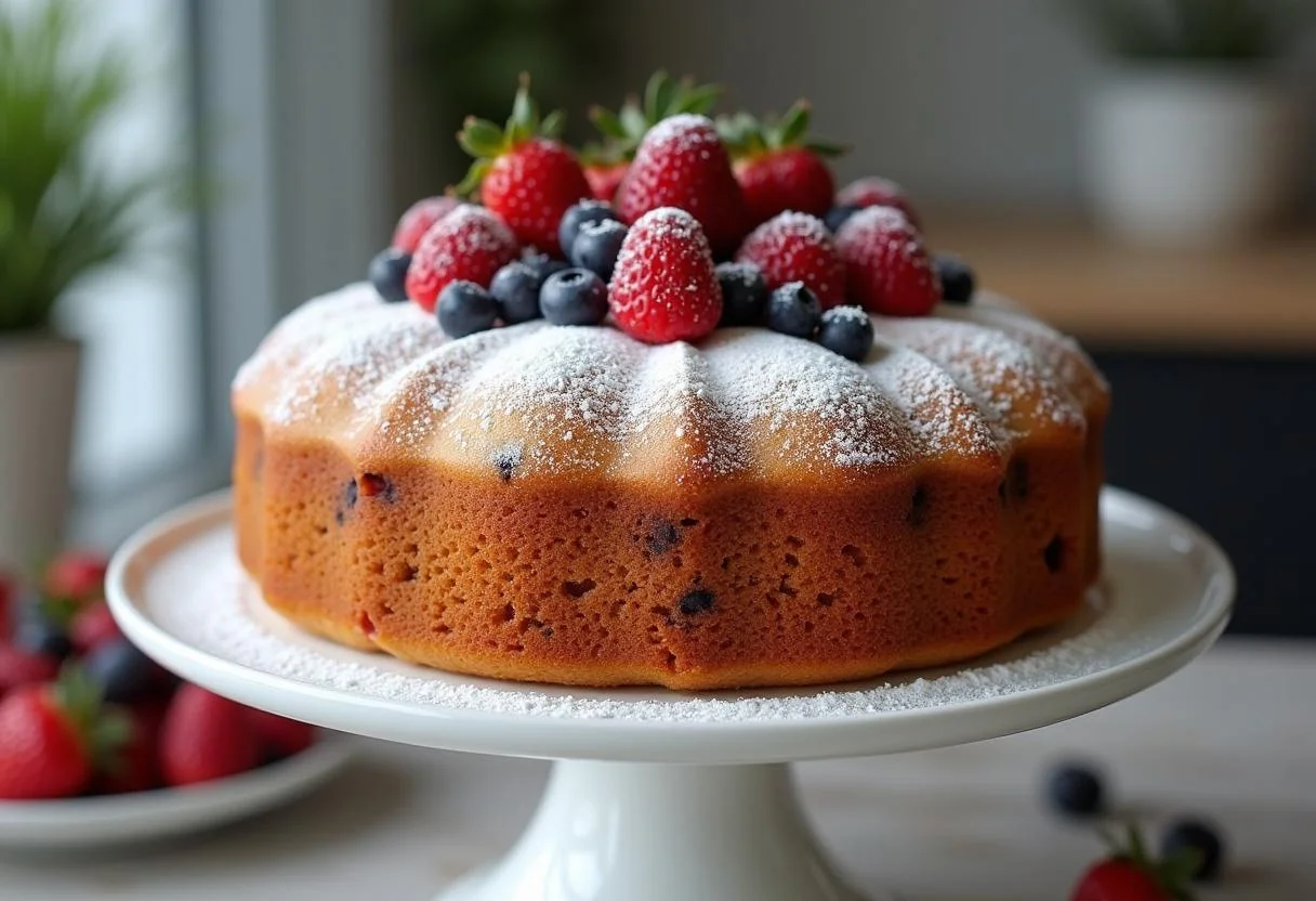Fertiger glutenfreier Kuchen dekoriert mit frischen Beeren und Puderzucker.