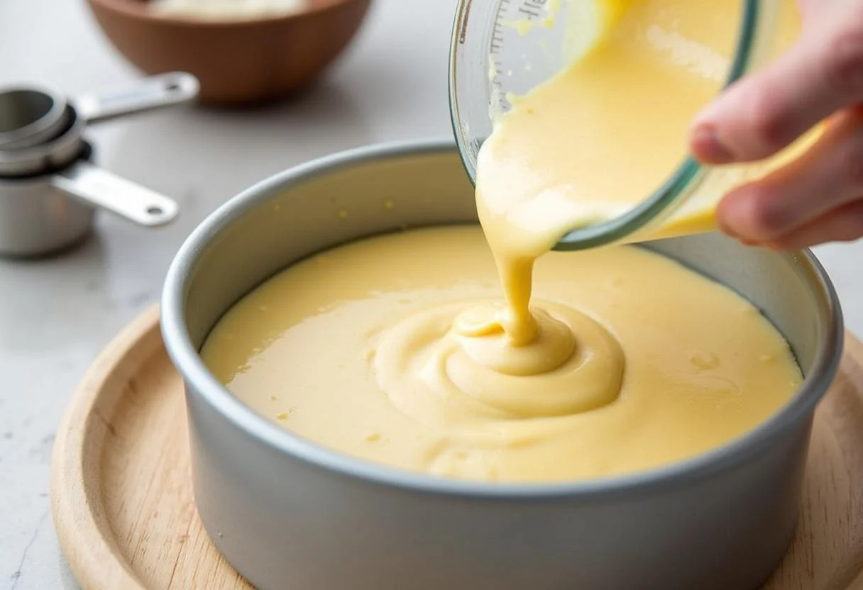 Teig für glutenfreien Kuchen in eine Backform gegossen.