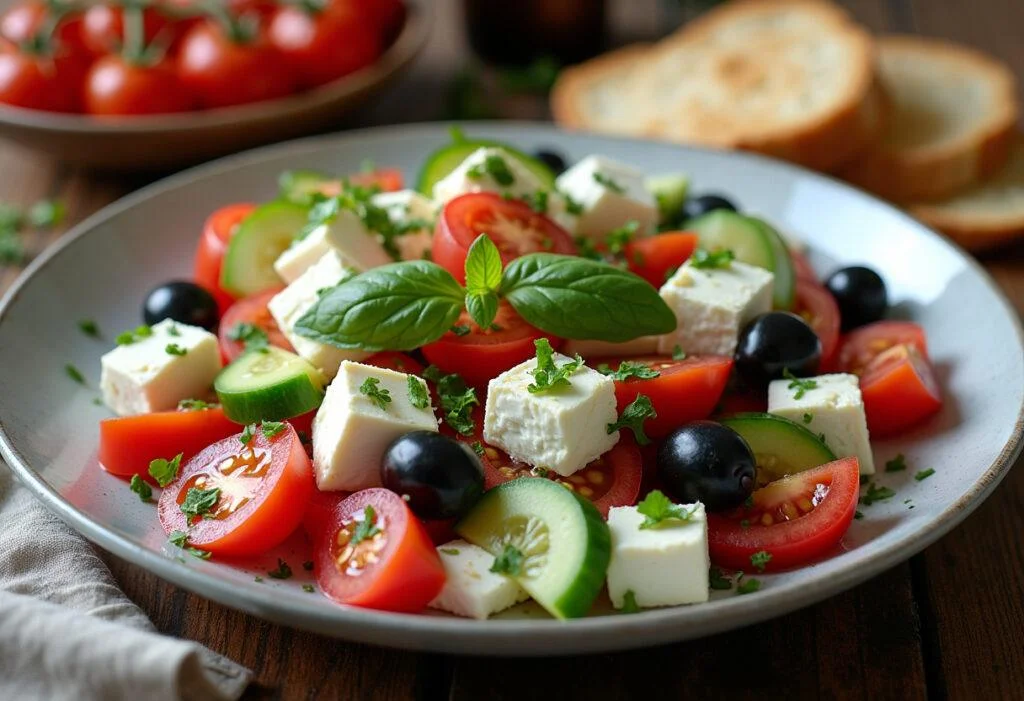 Fertiger griechischer Feta Salat mit Tomaten, Gurken und Oliven auf einem rustikalen Tisch.