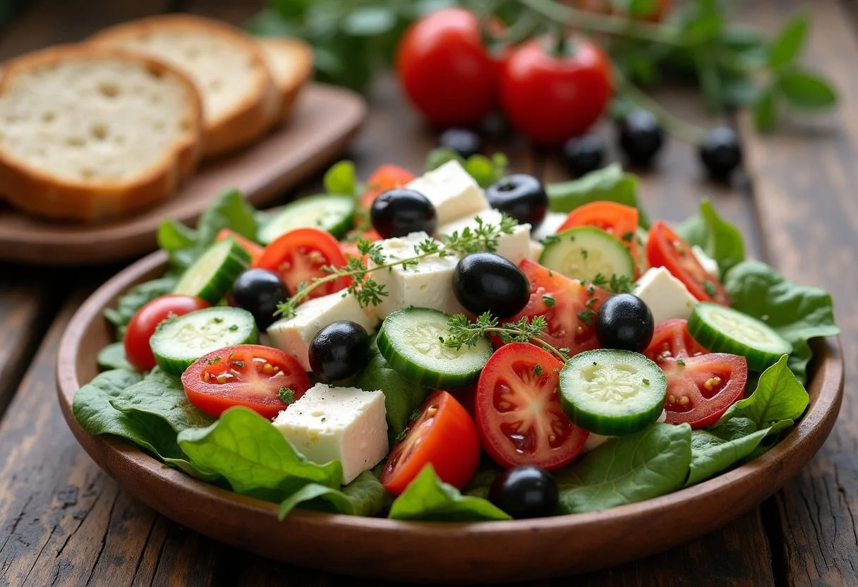 Fertiger griechischer Feta Salat mit Tomaten, Gurken und Oliven auf einem rustikalen Tisch.