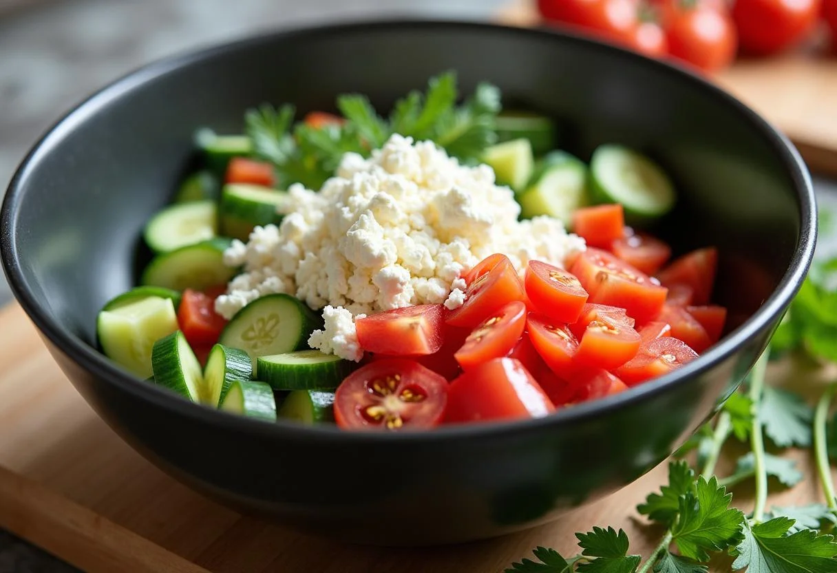 Tomaten, Gurken und Feta in einer Schüssel für den griechischen Feta Salat.