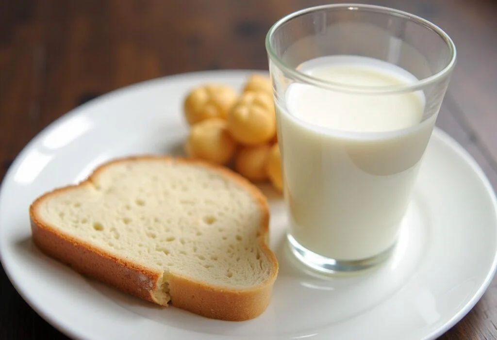Präsentation von Brot und 1,5% Milch mit Kalorienangaben.