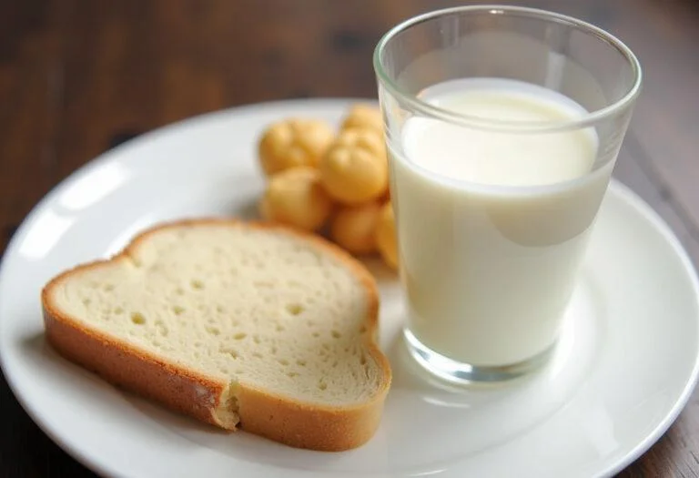 Präsentation von Brot und 1,5% Milch mit Kalorienangaben.