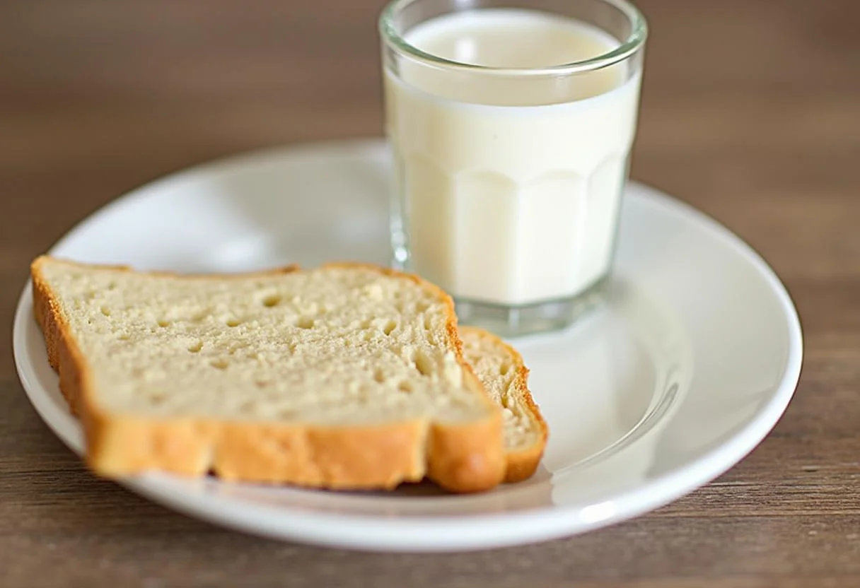 Präsentation von Brot und 1,5% Milch mit Kalorienangaben.
