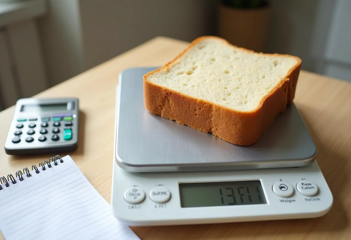 Kalorienberechnung für 1 Scheibe Brot auf einer Küchenwaage.