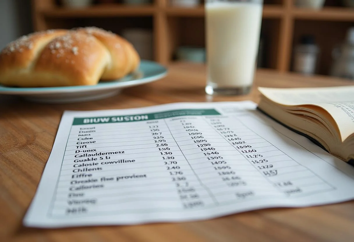 Nährwerttabelle, die Kalorien von Brot und Milch zeigt.