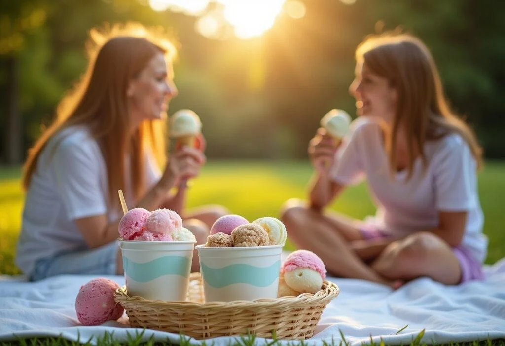 Fertig angerichtet: Günstige Eis Angebote im Sommer mit einem Picknick im Park.
