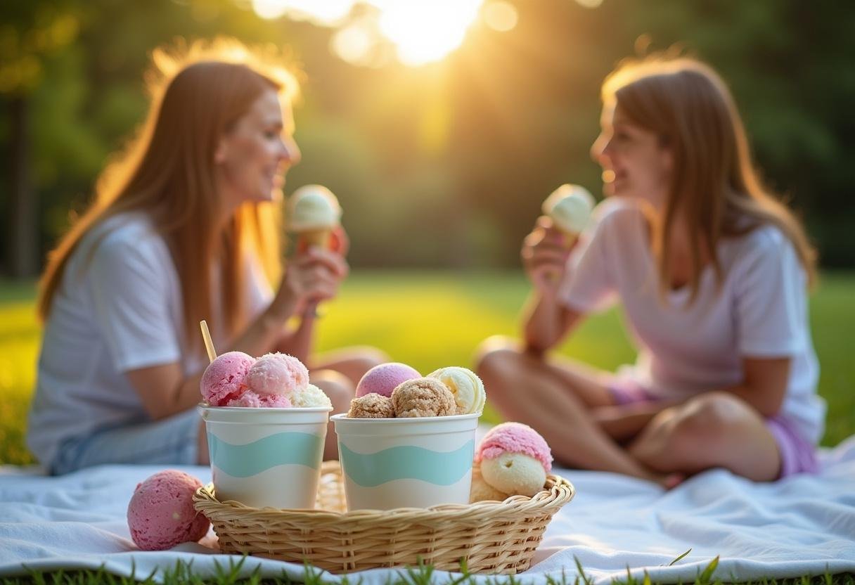 Fertig angerichtet: Günstige Eis Angebote im Sommer mit einem Picknick im Park.