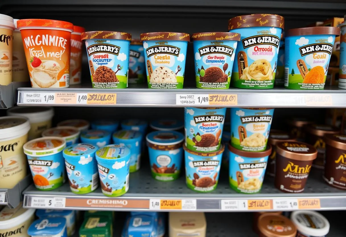 Mövenpick Eis Angebot diese Woche im Supermarkt mit bunten Eisbehältern.