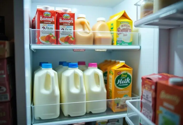 Zuhause gut gefüllter Kühlschrank mit verschiedenen Milchmarken im Angebot.