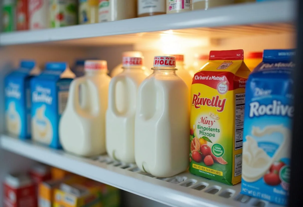 Zuhause gut gefüllter Kühlschrank mit verschiedenen Milchmarken im Angebot.
