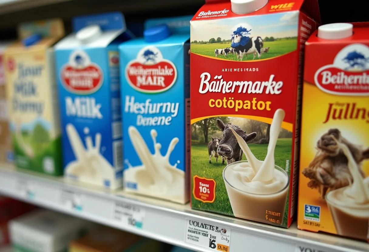 Bärenmarke und Weihenstephan Milch im Angebot auf einem Supermarktregal.